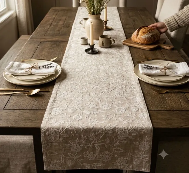 Textured Floral Table Runner – Botanical Design, 14×72 Inches